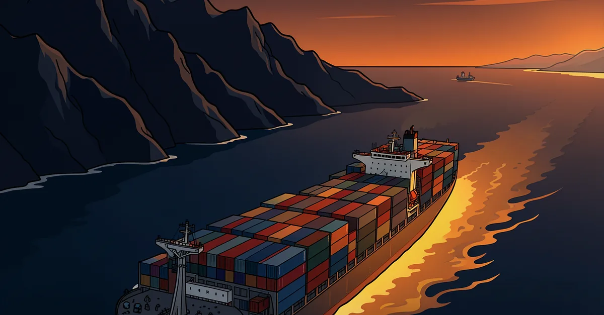 Illustration of a loaded container ship transiting the Strait of Hormuz at dusk, dark mountains of the Musandam Peninsula on the left and an orange horizon behind